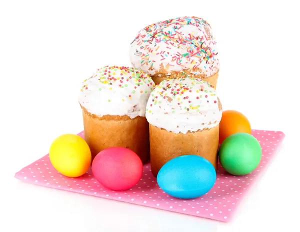 Sweet Easter cakes with colorful eggs isolated on white — Stock Photo, Image