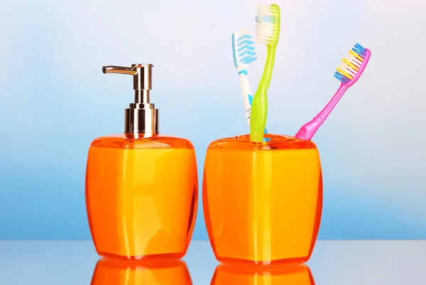 Bathroom set on blue background — Stock Photo, Image