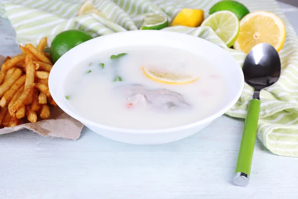 Tasty soup with oysters on wooden table — Stock Image Tasty soup with oysters on wooden table Stock Image