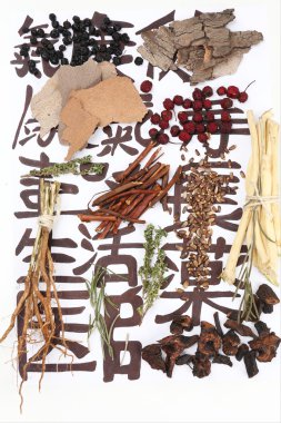 geleneksel Çin Bitkisel Tıp malzemelerin üzerine gerçek olmayan hiyeroglifler, yakın çekim