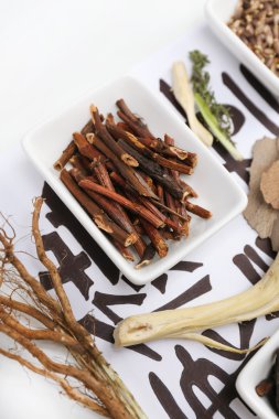 geleneksel Çin Bitkisel Tıp malzemelerin üzerine gerçek olmayan hiyeroglifler, yakın çekim