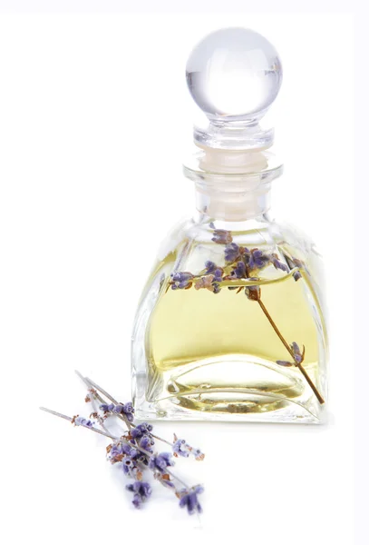 Lavender oil with flowers, isolated on white — Stock Photo, Image