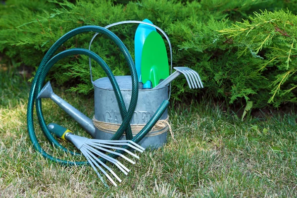 Outils de jardin sur fond d'herbe verte — Photo