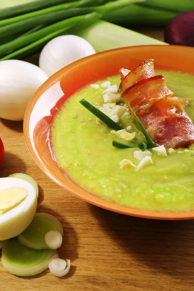 Leek soup on table, close up — Stock Photo, Image