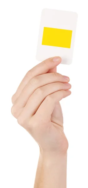 Освітня листівка з кольоровою геометричною формою в руці, ізольована на білому — стокове фото