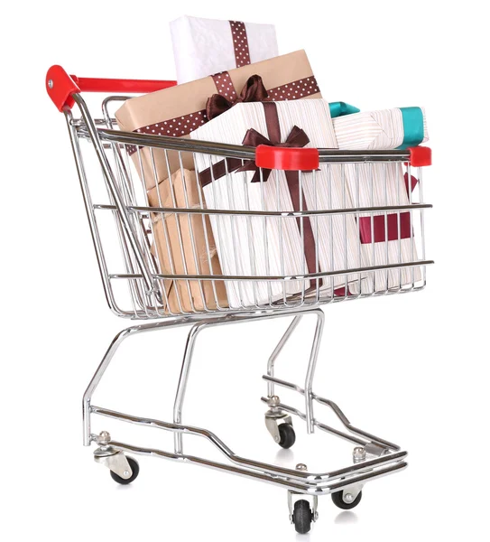 Many present boxes in shopping cart — Stock Photo, Image