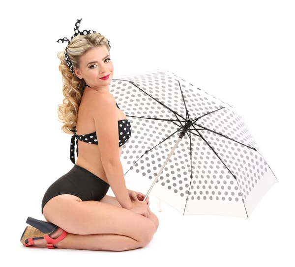 Güzel seksi kız beyaz izole şemsiye ile — Stok fotoğraf