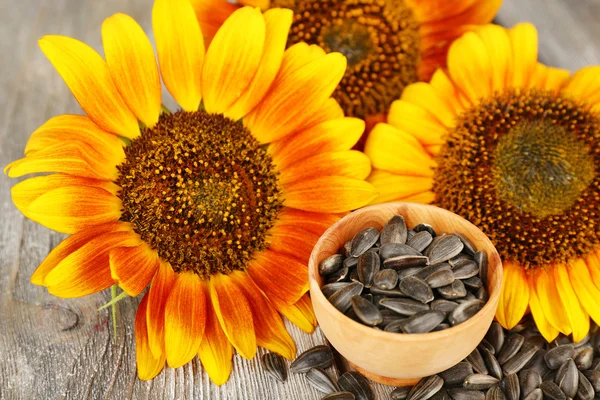 Sunflowers and seeds in bowl — Stock Photo, Image
