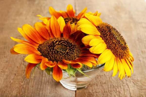 Schöne Sonnenblumen in der Vase auf Holzgrund — Stockfoto