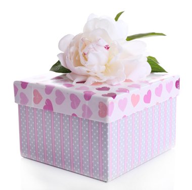 üzerinde beyaz izole güzel peony çiçek ve hediye kutusu