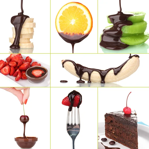Leckere Dessertcollage mit Früchten und Schokolade isoliert auf weiß — Stockfoto
