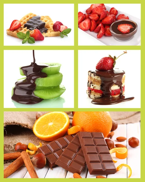 Kolaż smaczny deser z owocami i czekoladą — Zdjęcie stockowe