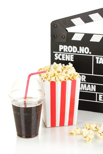 Movie clapperboard, cola and popcorn — Stock Photo, Image