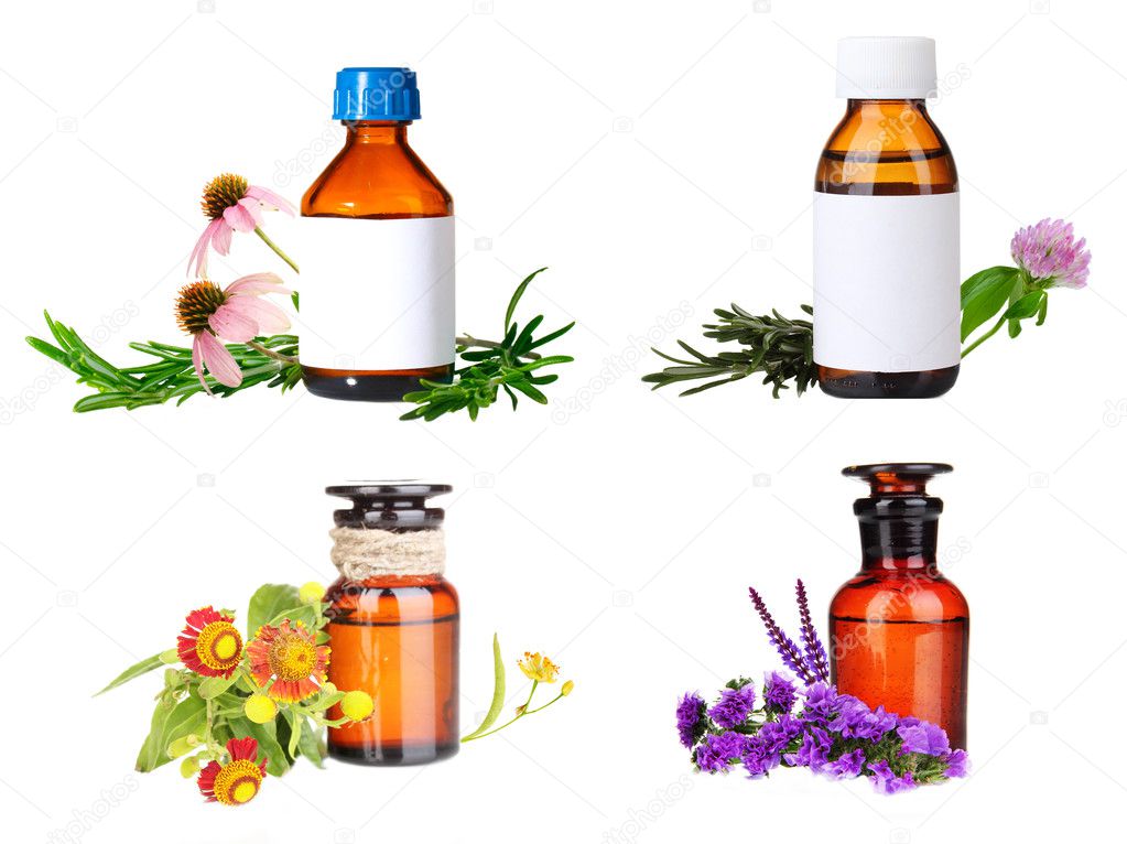 Collage of medicine bottle and herbs, isolated on white