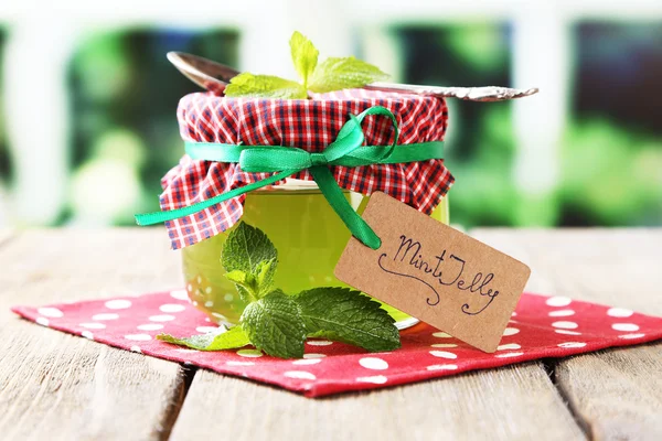 Homemade mint jelly in glass jar — Stock Photo, Image