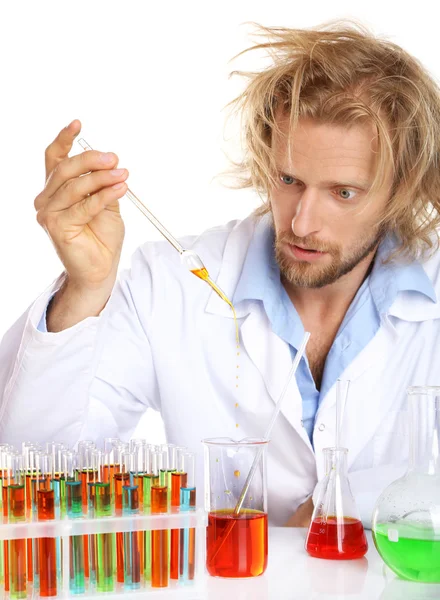 Crazy scientist working with tubes — Stock Photo, Image