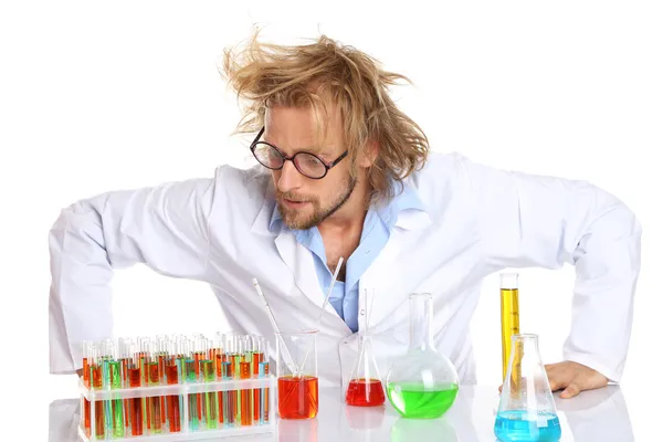 Crazy scientist working with tubes — Stock Photo, Image
