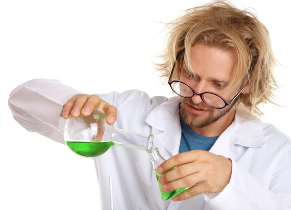 Cientista louco trabalhando com tubos — Fotografia de Stock