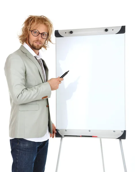 Funny businessman with board — Stock Photo, Image