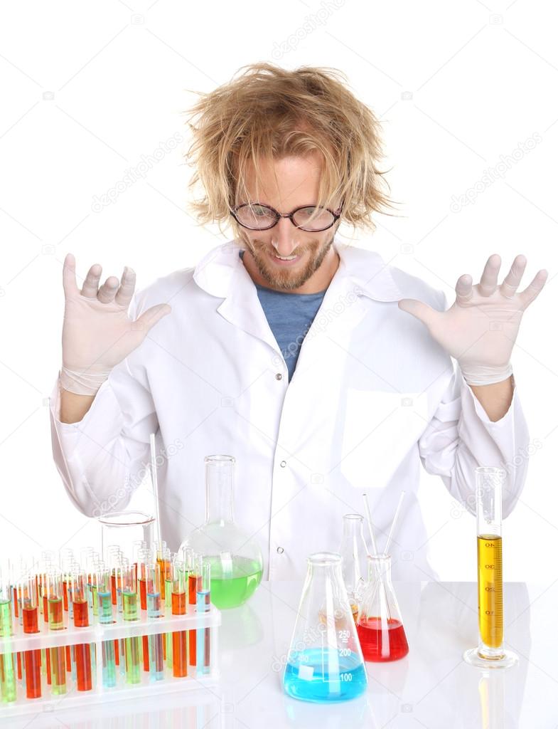 Crazy scientist working with tubes