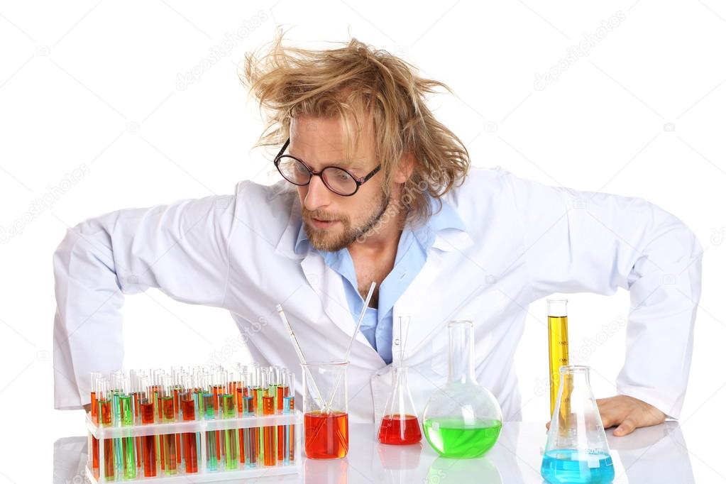 Crazy scientist working with tubes