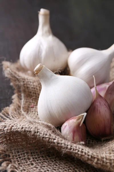 Garlic on sackcloth background — Stock Photo, Image