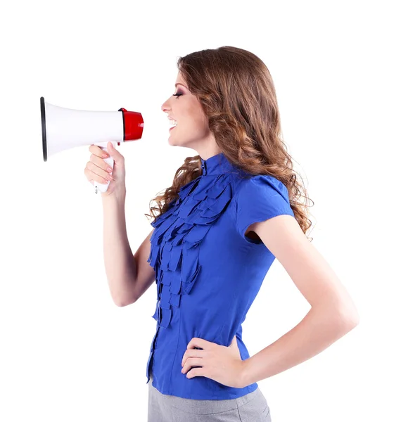 Young business woman with megaphone isolated on white — Stock Photo, Image