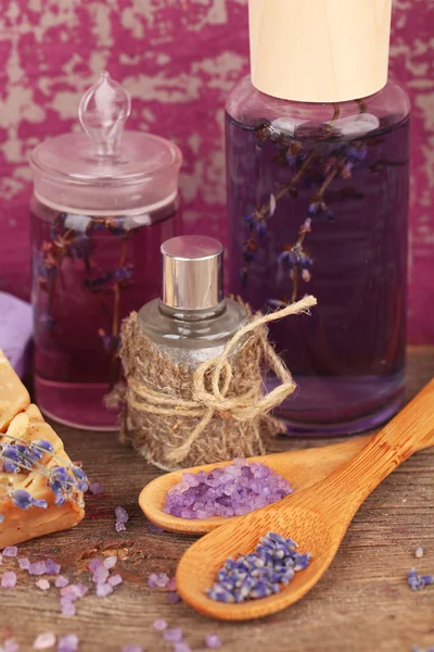 Lavender oil and flowers — Stock Photo, Image