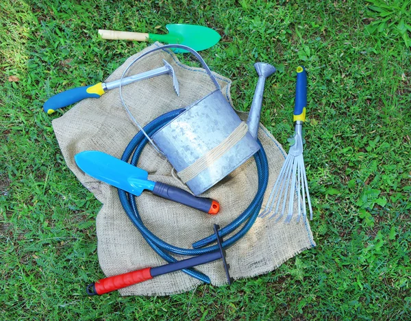 Tuingereedschap op groen gras — Stockfoto