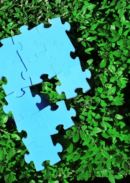 Puzzel stukken op groen gras — Stockfoto