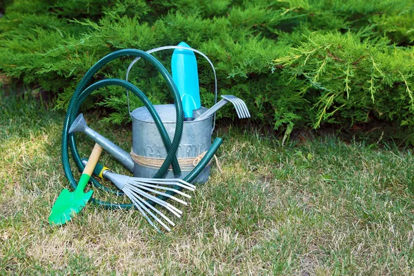 Tuingereedschap op groen gras — Stockfoto