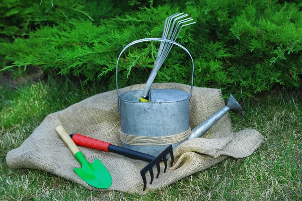 Садовые инструменты на зеленой траве — стоковое фото