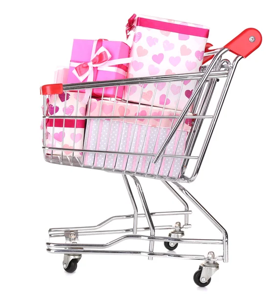 Present boxes in shopping cart — Stock Photo, Image