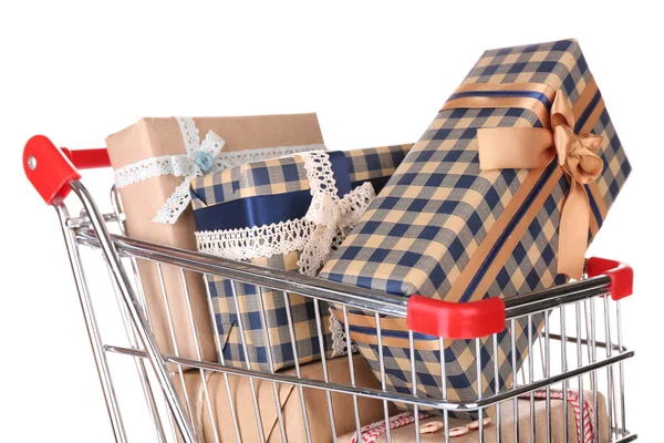 Present boxes in shopping cart — Stock Photo, Image