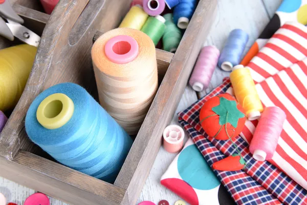 Sewing Accessories in wooden box — Stock Photo, Image