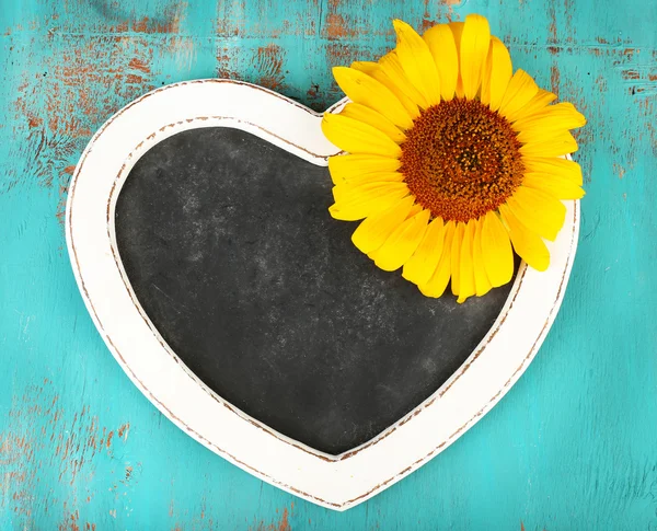 Beautiful sunflower blackboard blank on wooden background — Stock Photo, Image