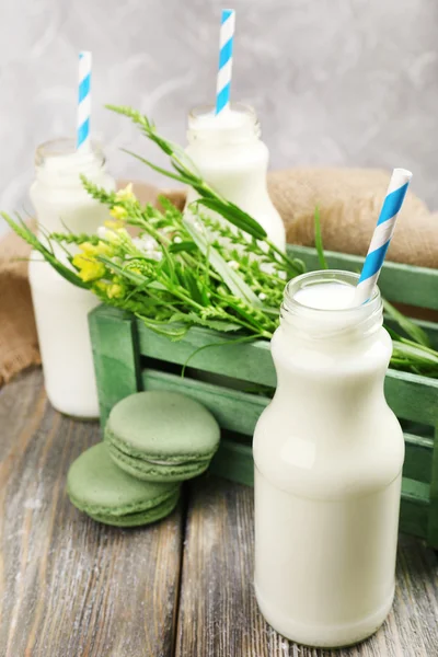 Melk in flessen met papier rietjes — Stockfoto