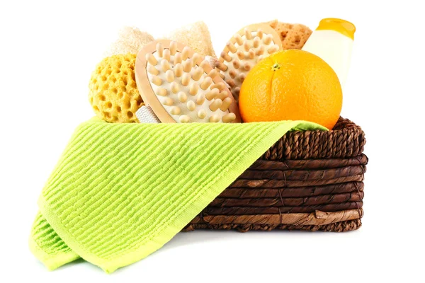 Shower kit in brown rectangular basket on white background — Stock Photo, Image