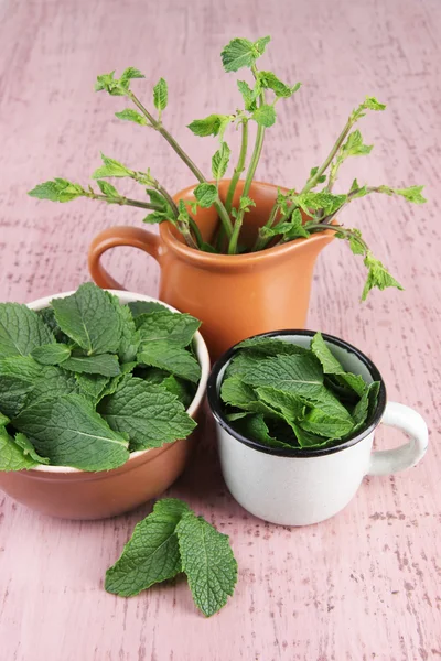 Ciotola rotonda marrone e tazza di metallo bianco di foglie di menta fresca e tazza di rami di menta su sfondo di legno rosa — Foto Stock