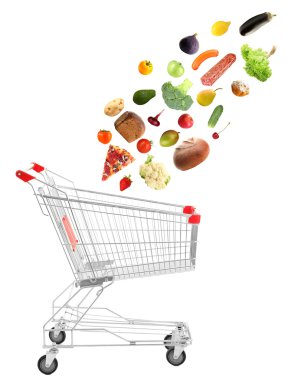 alışveriş sepeti, üzerinde beyaz izole içinde düşen ürünler