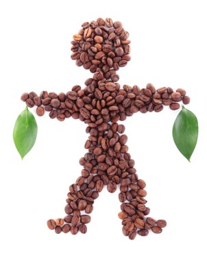 kahve çekirdekleri üzerine beyaz izole kişi şeklinde