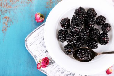 tatlı böğürtlen rengi ahşap zemin üzerinde plaka üzerinde