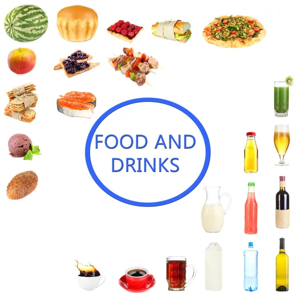 Food and drinks collage isolated on white — Stock Photo, Image