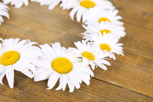Chamomile wreath on brown wooden background — Stock Photo, Image