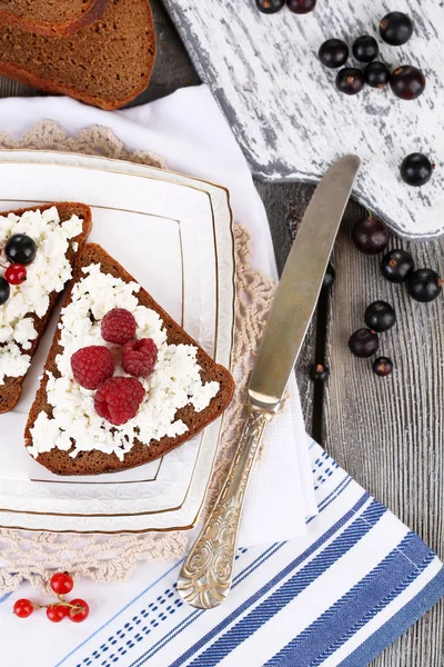 Bread with cottage cheese and berries on plate close-up — Stock Photo, Image