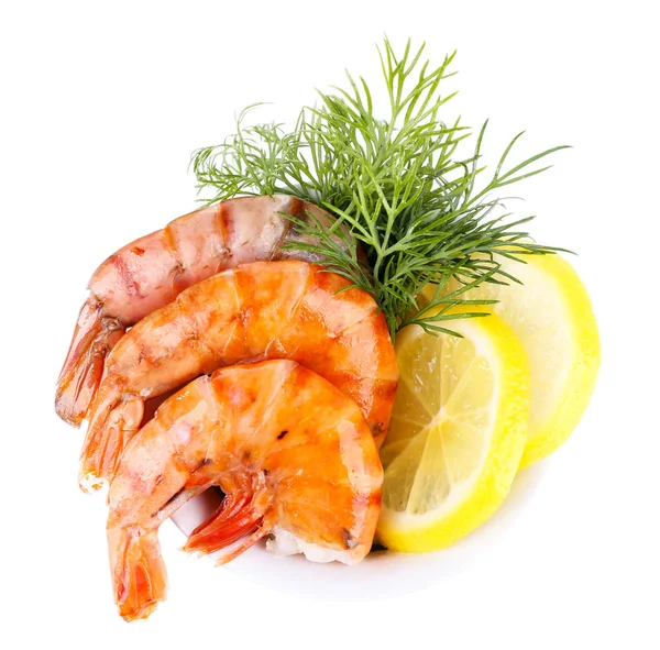 Fresh boiled prawns with dill and lemon in a blue round bowl on white background isolated — Stock Photo, Image