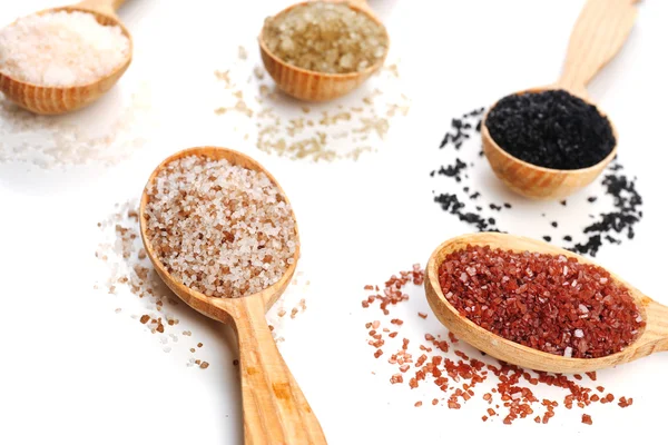 Different sea salt in wooden spoons, close up — Stock Photo, Image