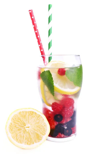 Glass of berry cocktail with lemon and mint on white background isolated — Stock Photo, Image