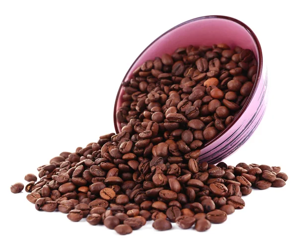 Koffie bonen in grote Lila kom geïsoleerd op wit — Stockfoto