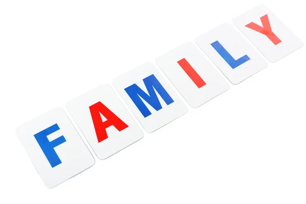 Familienwort aus Papierkarten, isoliert auf weißem Papier — Stockfoto